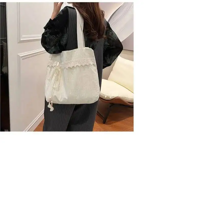Bloom Haruku Beige Canvas Shoulder Bags Women Vintage Lace Large Capcity Tote Bag Purse Female Versatile Casual Handbag Y2k