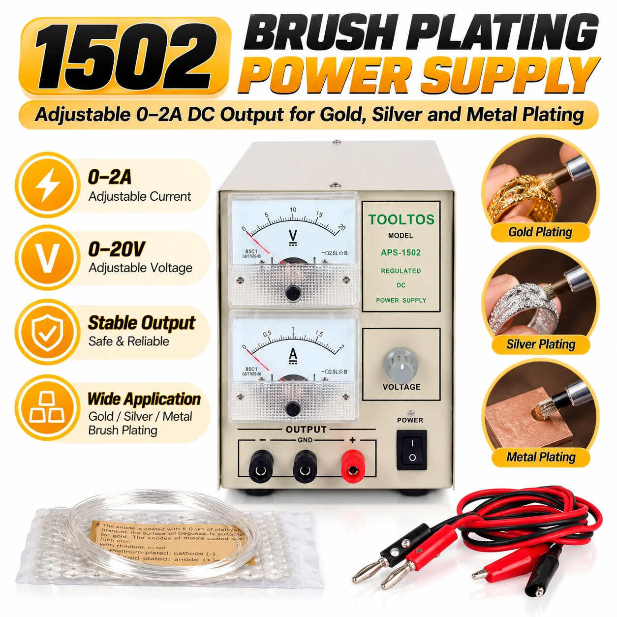 APS-1502 Jewelry Plating Machine Small Jewelry Processing Tools Equipment Adjustable Voltage 2A Plater for Rings Necklaces Bracelet DIY Decoration Gold Plating Machine Kit Jewelry Electroplating Machine With Titanium Mesh