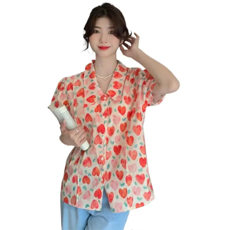 

Summer Women's Shirt Korean Version Holiday Cotton Linen Bubble Sleeve Tops Sweet Love Print Blouse S-6XL blusa mujer moda 2024