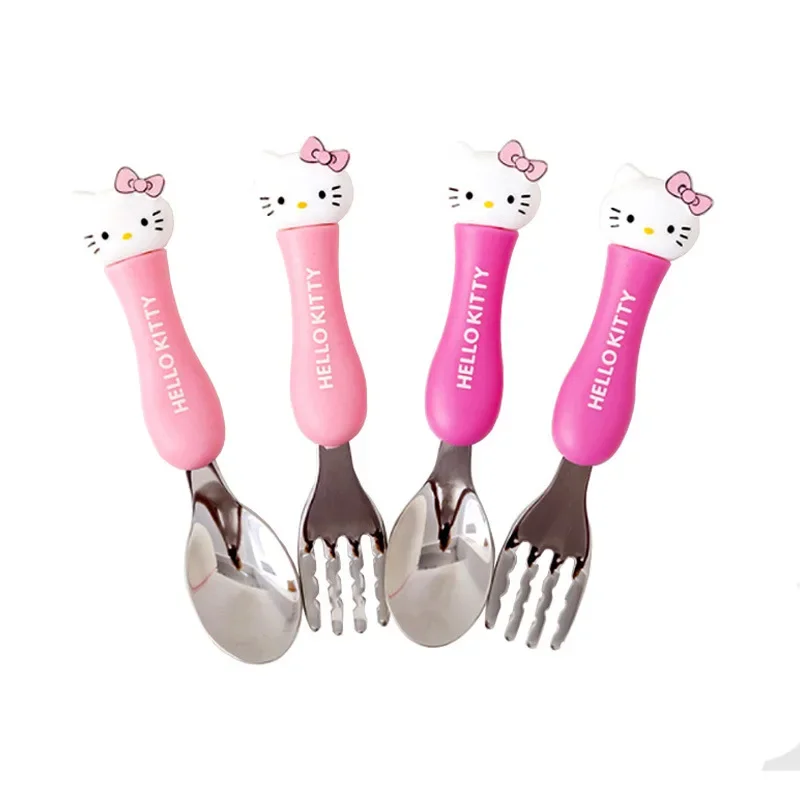 Hello Kitty Spoon Fork Travel Portable Cutlery Set 2pcs Set Kids Gadgets Dinnerware Set Stainless Steel Baby Cartoon Tableware