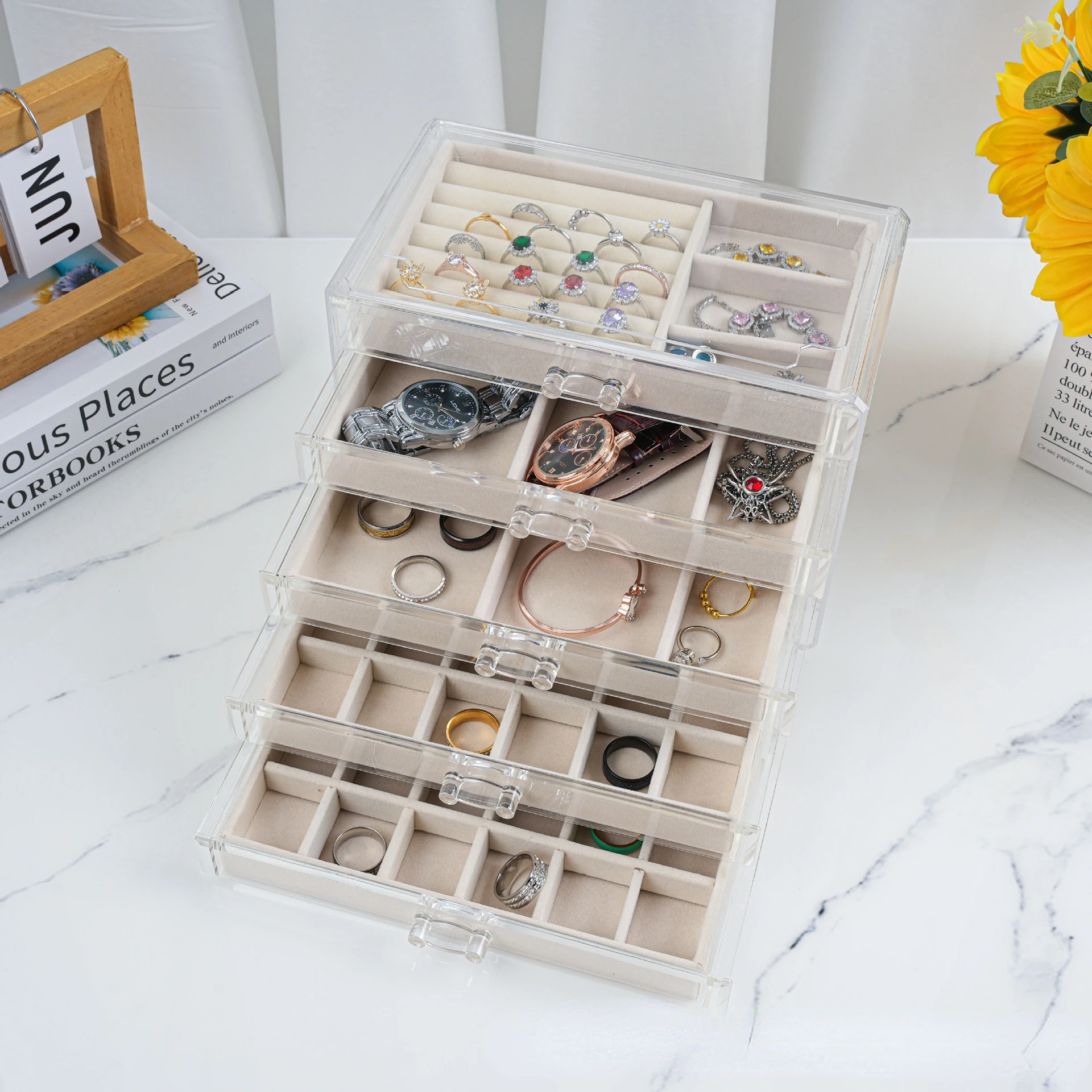 Jewelry Organizer Box Transparent Display Case 5 Layer Earrings Necklace Ring Plastic Organizing Boxes Velvet Jewelry Tray Gifts