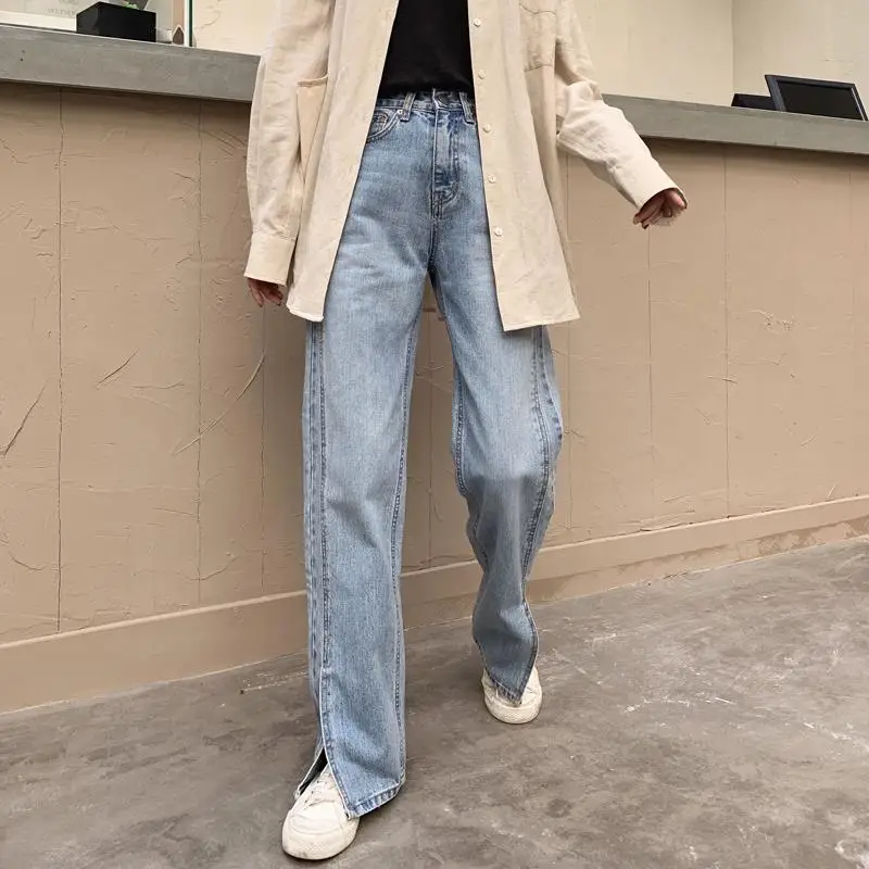 Women\'s Light Blue Jeans Retro Street Trousers Oversized Harajuku Yk2 Streetwear Denim Straight Pants Casual Ladies Loose Jeans