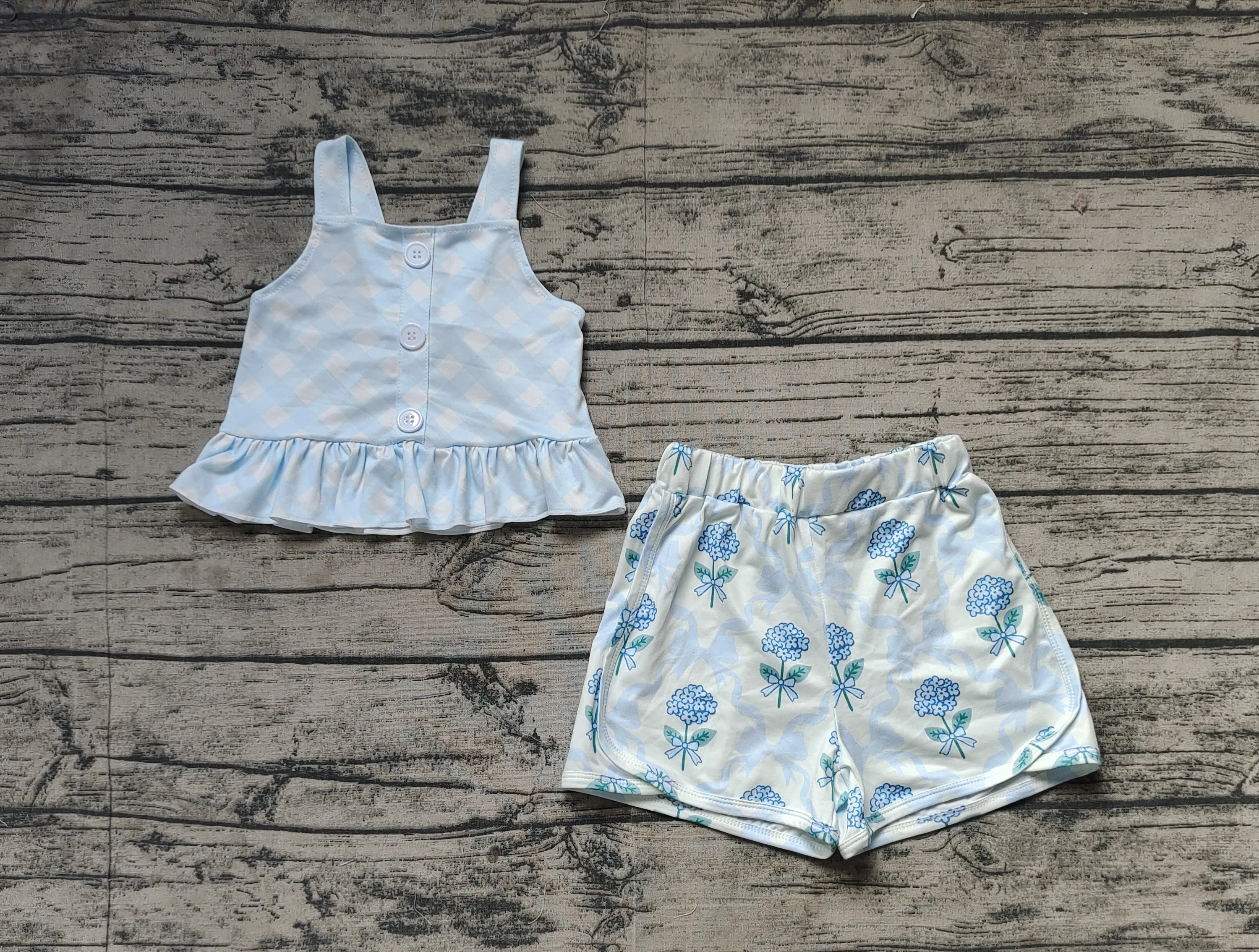

Baby Girls Blue Checkered Straps Top Flowers Shorts Clothes Sets preorder