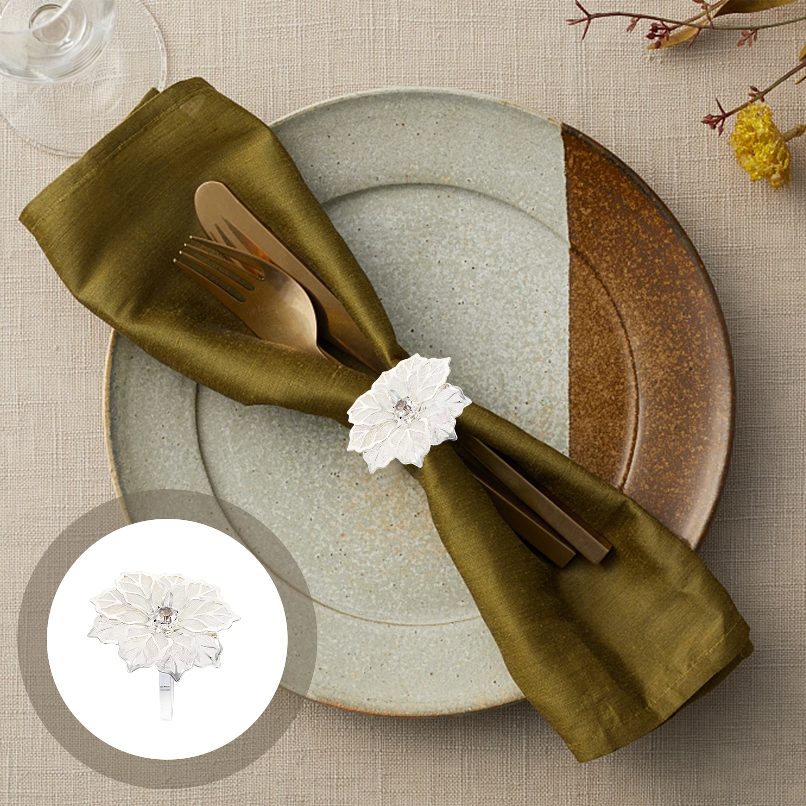 

12pcs Napkin Rings Flower Design Silver For Wedding Party Hotel Tableware Accessories Decorative Dining Table Decoration