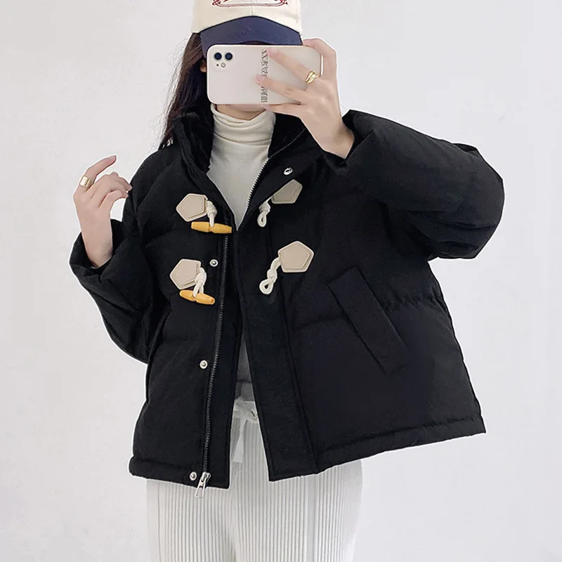 2025, neue Winter-Damen-Pufferjacke mit Hornknopf, lockere Passform, Baumwollmantel, koreanischer Stil, abgeschnittene gepolsterte Jacke, verdickte Jacke