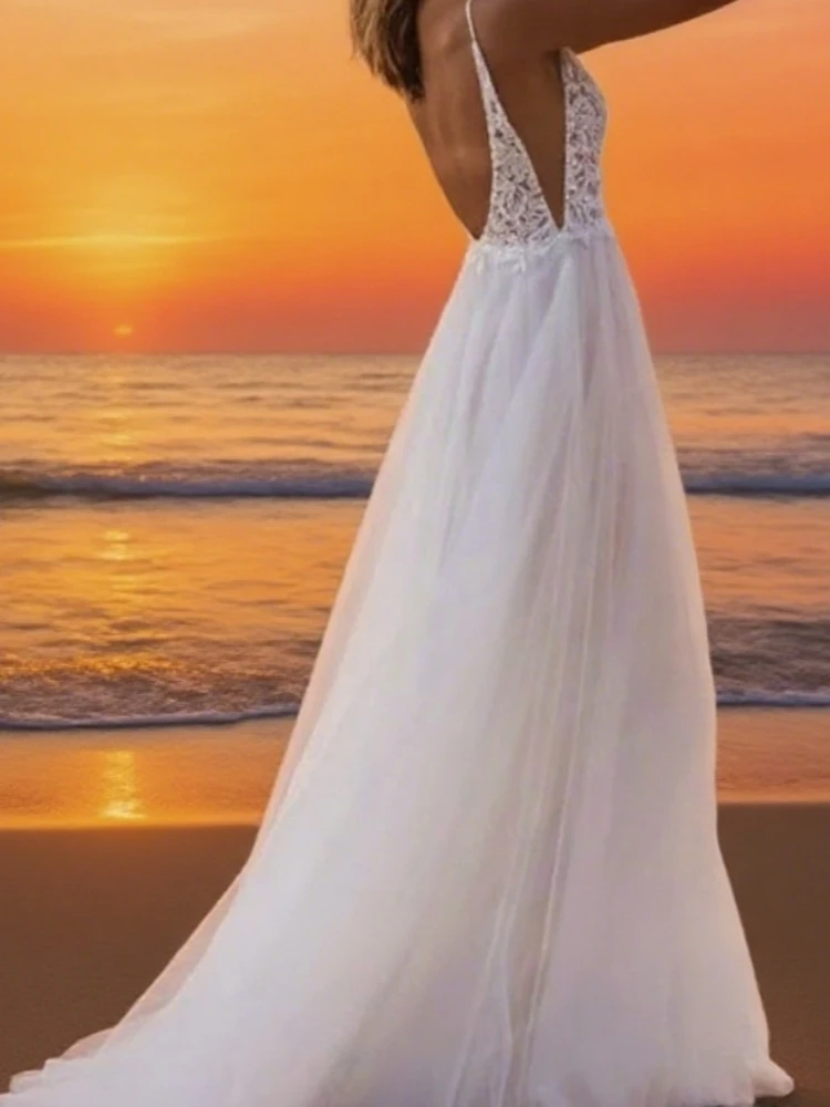 Abito da sposa sexy con scollo a V profondo Estate senza spalline Applicazioni in pizzo Abito da sposa robe de soirée de mariage плаalıе Personalizzato