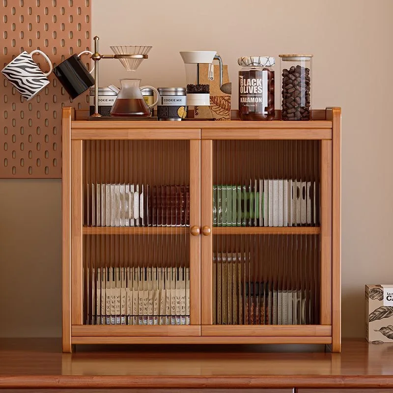 Retro Bamboo Double Door Cup Storage Cabinet, Dustproof Mug Display Rack, Desktop Organizer for Coffee Tea Kitchen Utensils
