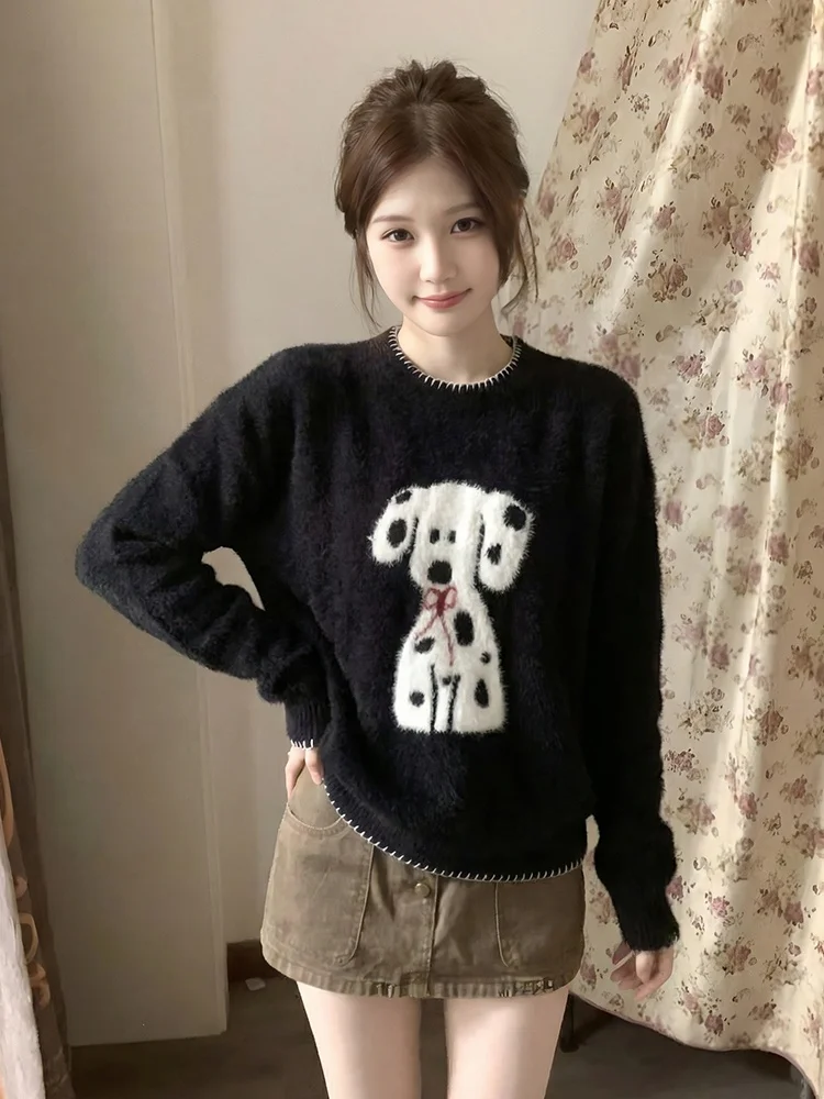 

Свободный вязаный джемпер с круглым вырезом, мягкий и уютный, для ранней весны, женский, в корейском стиле, с узором в виде ленивых собачек, универсальный, комфортный топ