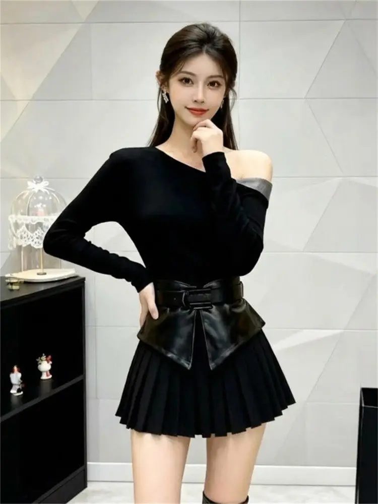 

Ele oulder Bared Long Sve Waist Cinched Dr Two Piece Set Spring New Sle Women's High Waist Belt Casual Faion