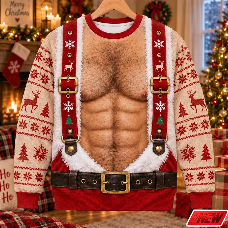 Xmas Sweatshirt Men Trendy Casual 3D Print Fake Knit Muscle Body Design Creative Christmas Festival Unisex New Long Sleeve Tops