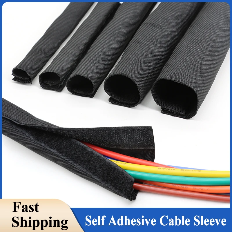 Black Self Adhesive Cable Sleeve Dia 16mm ~ 100mm High Temperature PET Braided Sheath Wire Wrap Nylon Harness Protector Sleeving