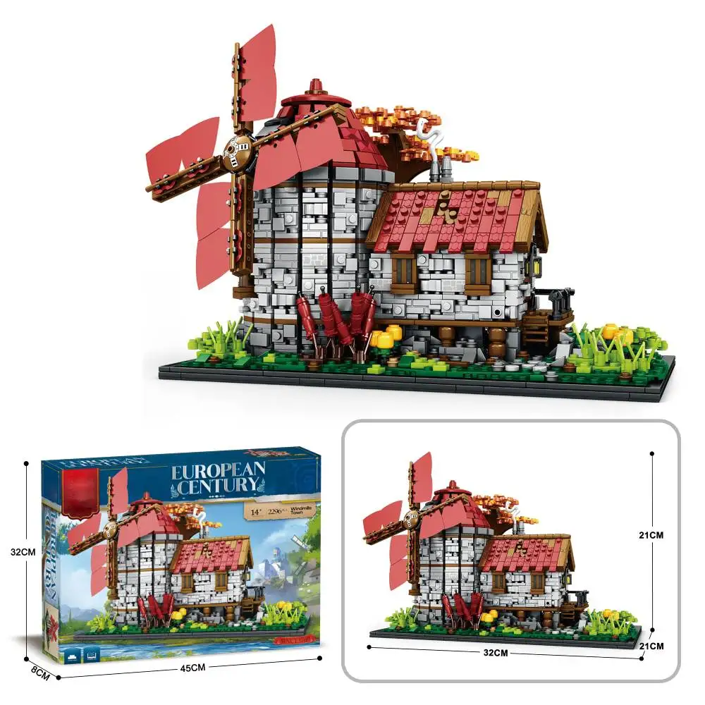 Conjunto de construção de casa de moinho de vento medieval, 2296 peças kit de castelo de vila de brinquedo de arquitetura de moinho de vento de cidade, presente ideal para meninos e meninas