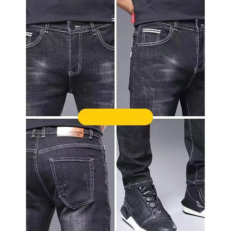 Pantalones vaqueros informales clásicos y elegantes para hombre, ropa para las cuatro estaciones, pantalones negros y azules, mallas de cintura media, pantalones de tela vaquera para hombre