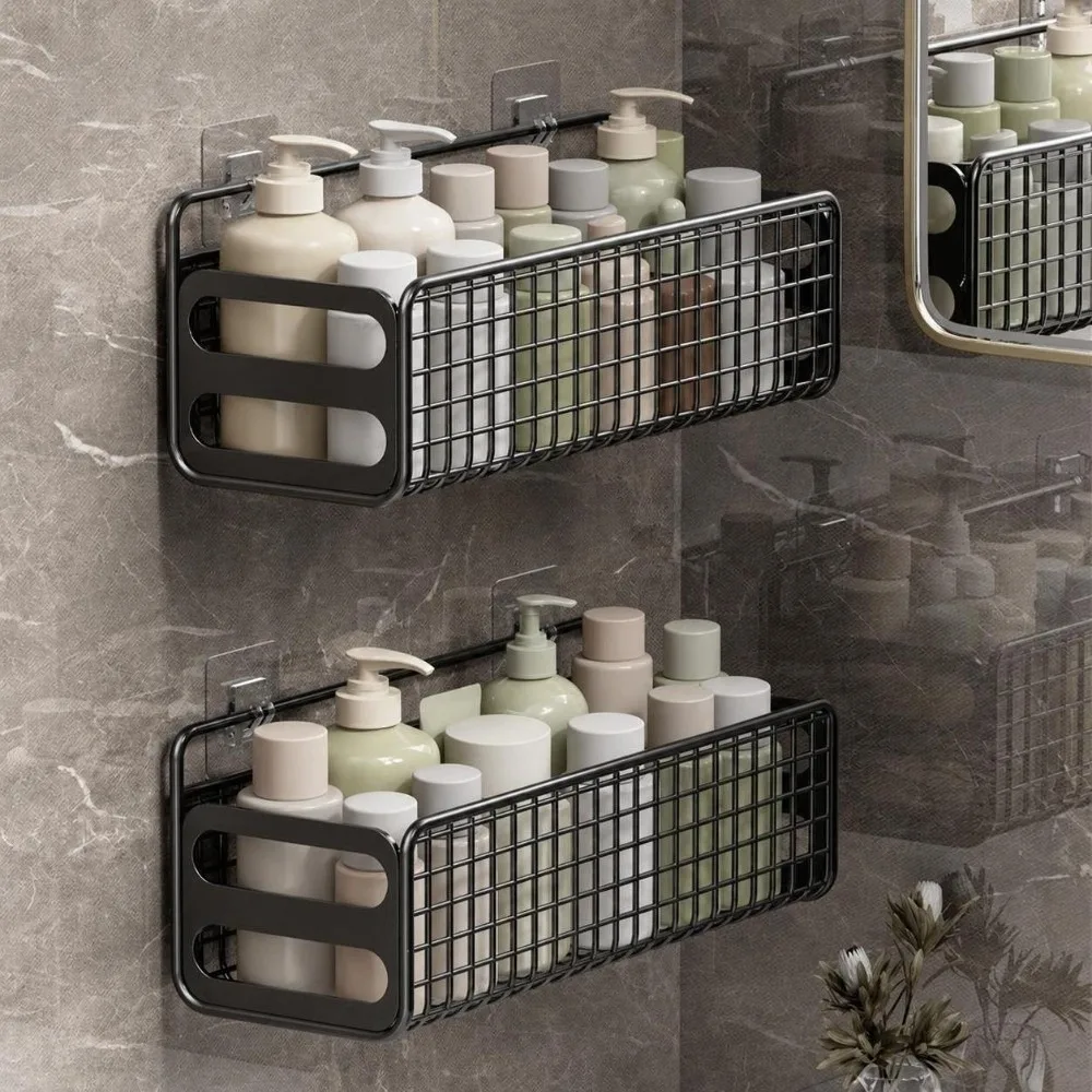 Simple Metal Grid Bathroom Storage Basket Wall Mounted Rustproof Bathroom Shelf No Drill Cosmetic Basket Home