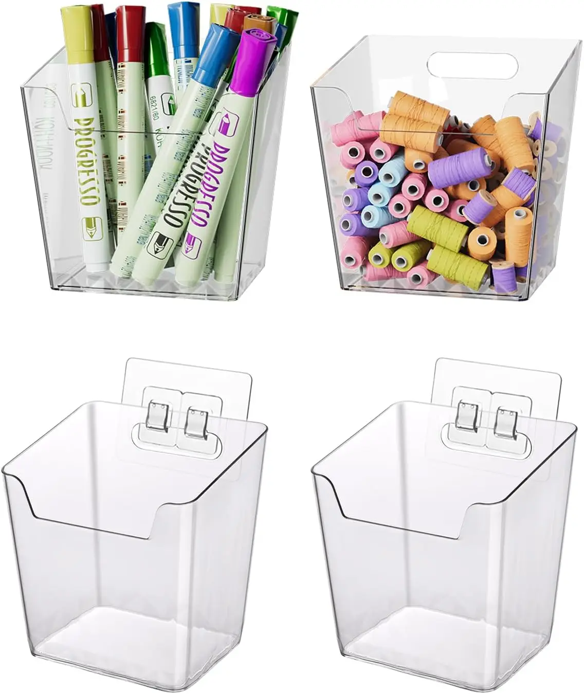 

Clear Adhesive Wall Storage Bins, 4 Pack Cabinet Door Organizer Holders, Hanging Wall Mount Pockets, Plastic Cups for Shower Bathroom Makeup Office Craft Remote Kitchen Sink RV Organization (Small)