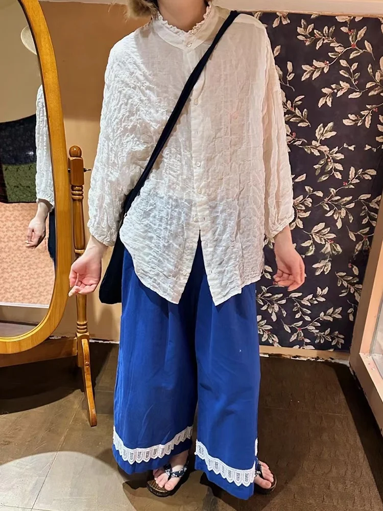 

Женские брюки больших размеров из хлопка и лайкры с кружевной отделкой, прямые, летние, винтажные, в японском стиле, белые, синие, для полных женщин