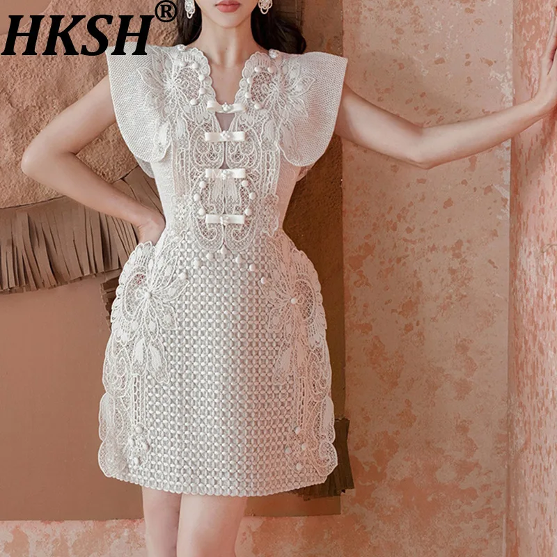 

HKSH Новое летнее женское платье с кружевной вышивкой на талии, для похудения, роскошные элегантные темпераментные стильные короткие платья HK8208