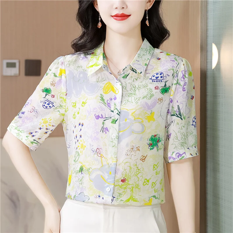 

Fashionable printed silk shirt, women's new style for the 2024 summer, with a five quarter sleeved mulberry silk top