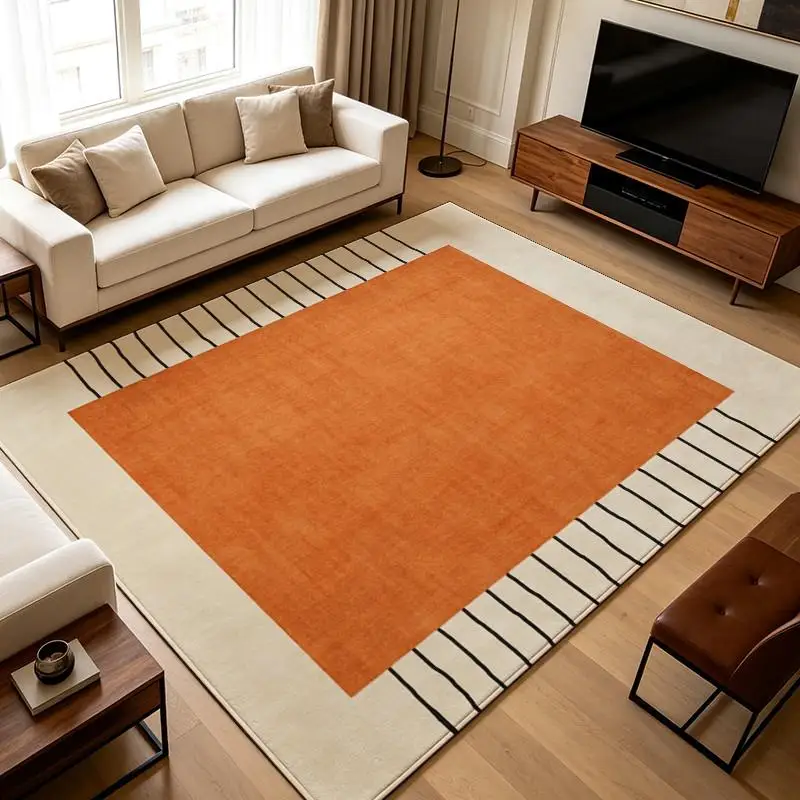 Minimalist Orange Square Geometric Carpet Flooring, Simple Black Vertical Line Area Rug Non‑Slip Floor Mat for Entryway Dorm Home Decoration