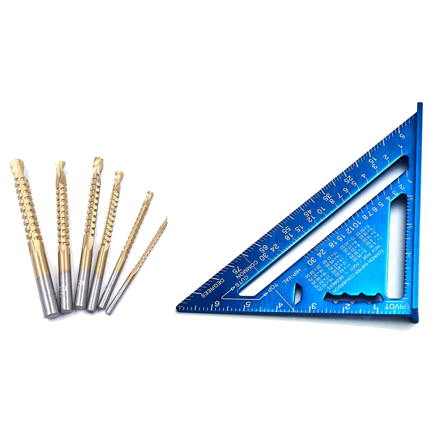 -ESTR Juego de brocas helicoidales con mango de 3/4/5/6/6,5/8 mm con regla de Tres Esquinas de 90 grados Regla angular de aleación de aluminio pulgadas