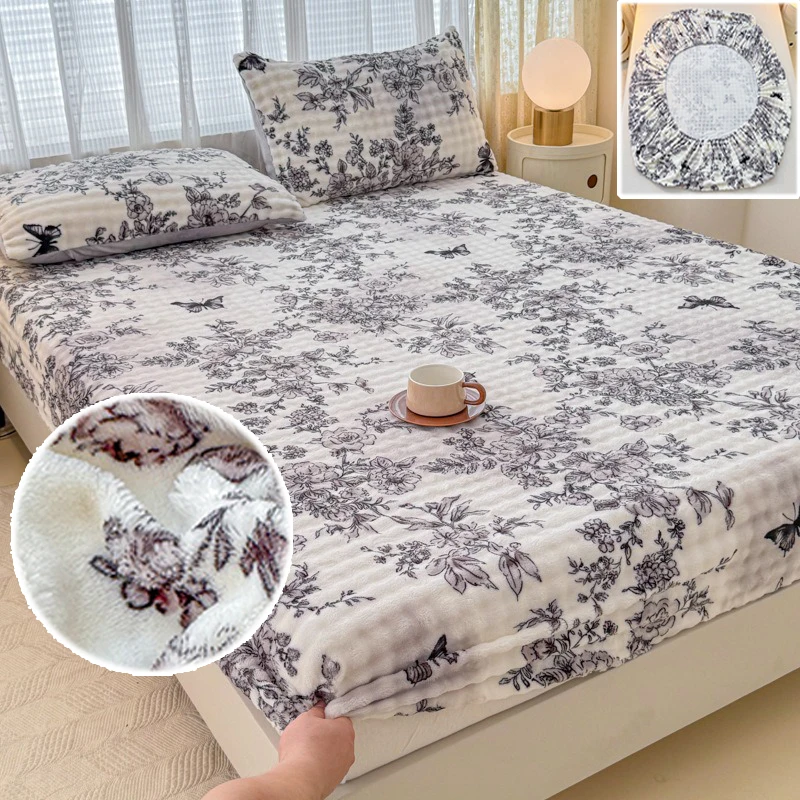 

Cartoon Long Hair Fleece Fitted Bed Sheet Warm Plush Elastic Mattress Cover for Single Queen King Size Winter Bedding Sets