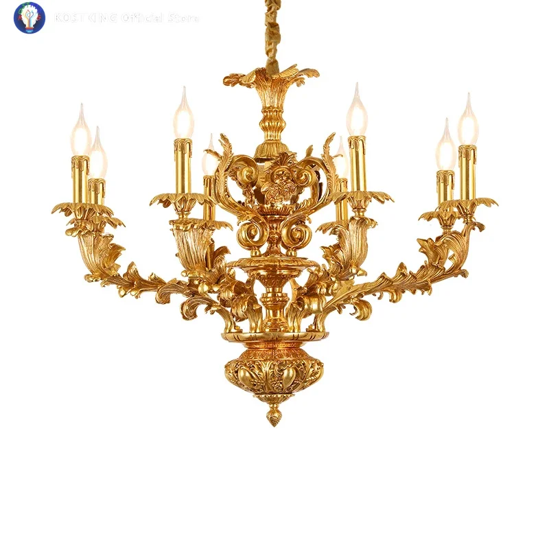 Exquisite Carving Pattern Lighting Luxury Copper Lamps French Vintage Pendant Lights Brass Chandelier