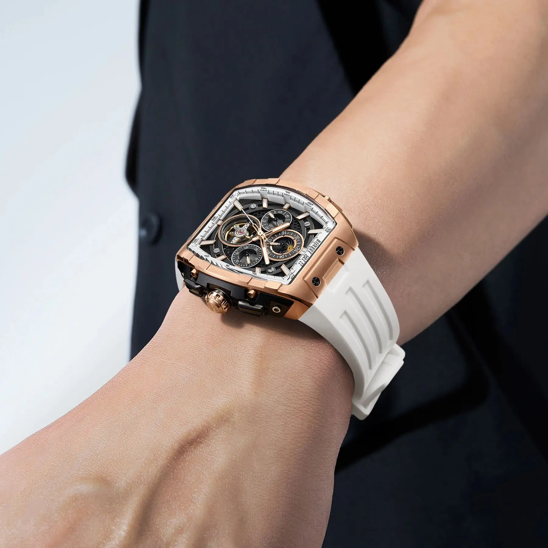 BONEST GATTI ساعة أوتوماتيكية للرجال Tonneau ساعة يد ميكانيكية مقاومة للماء الياقوت مضيئة تاريخ الأسبوع 24 ساعة حزام مطاطي فلوري