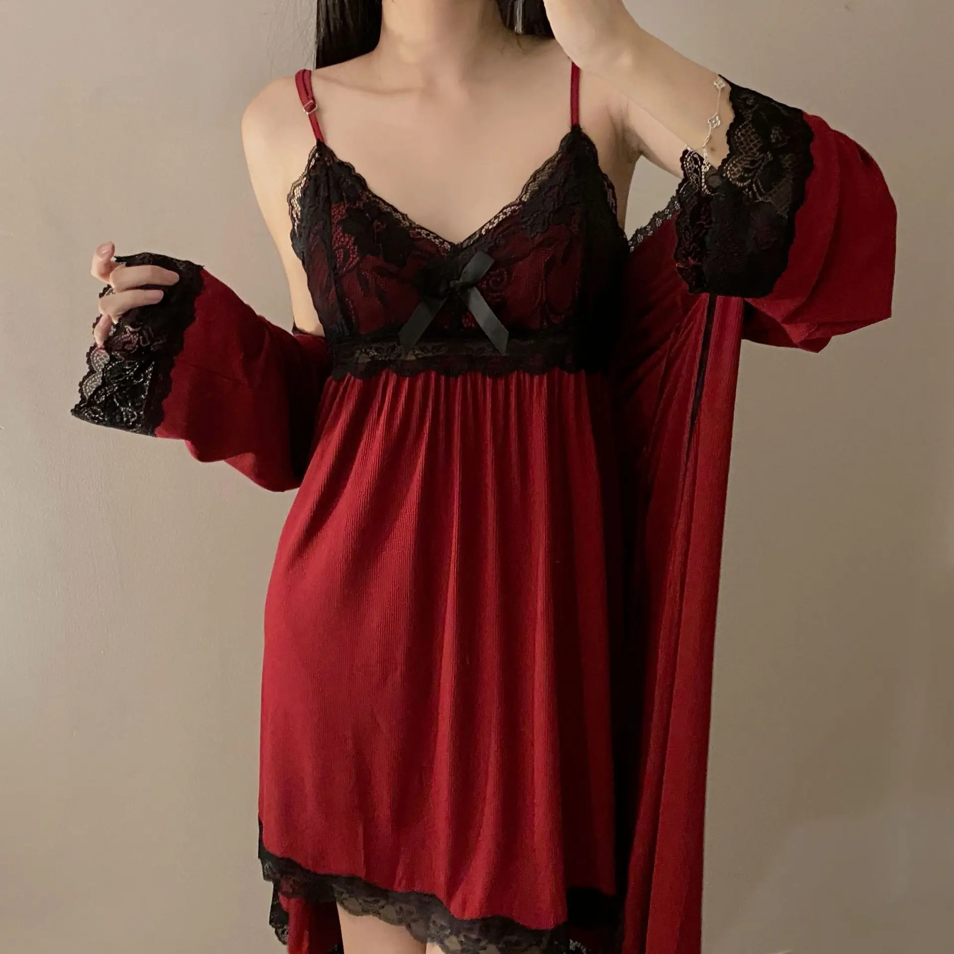 Ensemble Pyjama Femme 2 Pièces Satin - Chemise De Nuit Longue Et Robe Kimono - Dentelle, Manches Longues