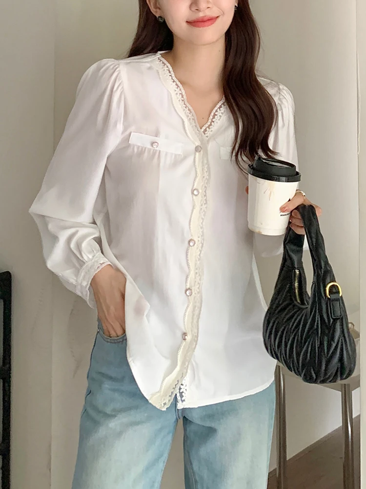 

QOERLIN White Lace Shirt V Neck Long Sleeve Loose Casual Tops Blouse Korean Fashion Single-Breasted Shirts Elegant Chiffon Shirt