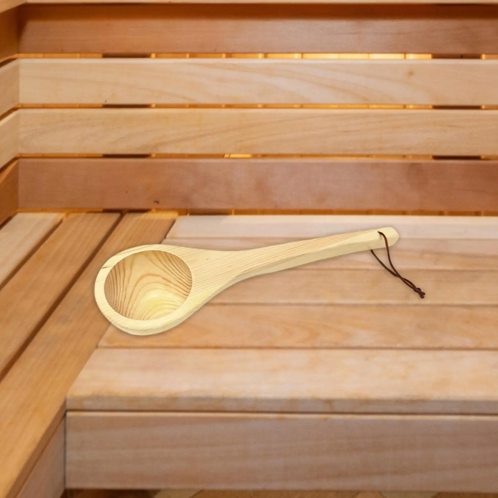 Durable Spruce Wooden Sauna Ladle Scoop with Hanging Rope for Home Spa Public Steam Room Use