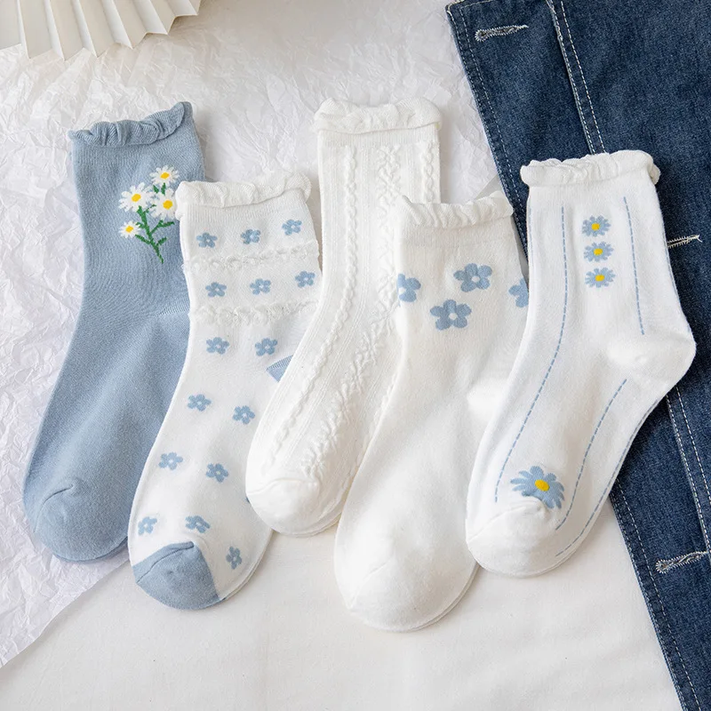 Floral Frilly Ruffle Socks Women Summer Thin Harajuku Streetwear Crew Socks Blue Flower Print Japanese Kawaii Cute Woman Socks