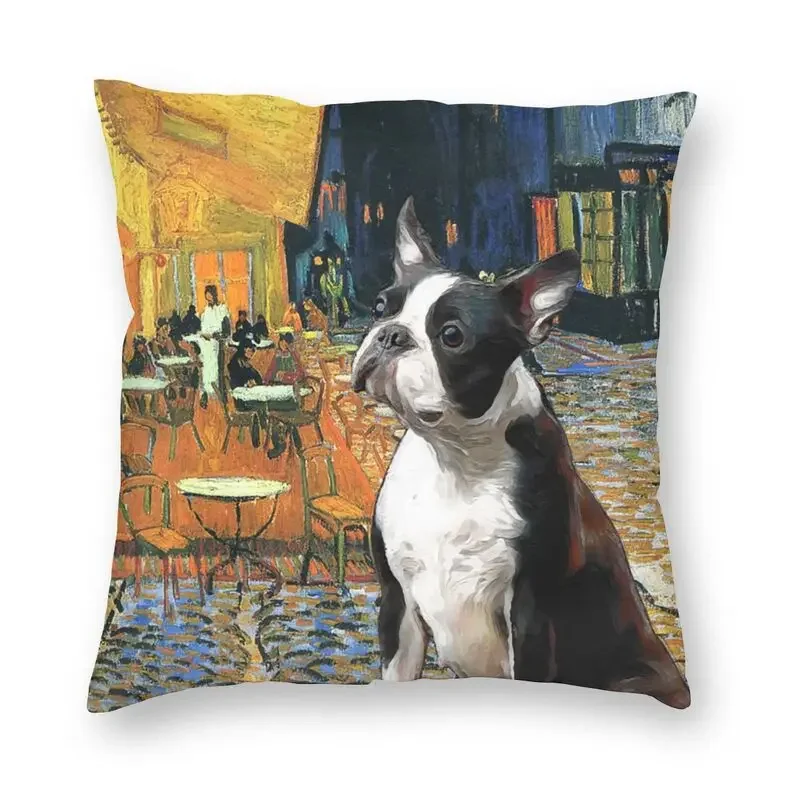 Boston Terrier Dog Sofa Cushion Covers Van Gogh Art Cafe Terrace At Starry Night Pillow Case Square Pillowcase Home Decoration