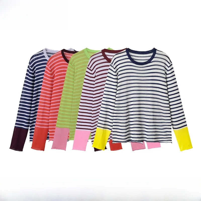 Fashionable Stripe Knitwear Women's Autumn Winter New Arrival ZR Style Slimming Long Sleeve round Neck Polyester Fiber Commut...