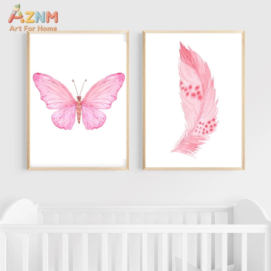 AZNM Watercolor Pink Flamingo Butterfly Canvas Wall Art, Unframed Single Piece HD Print Poster, Cute Animal Nursery Decorative P