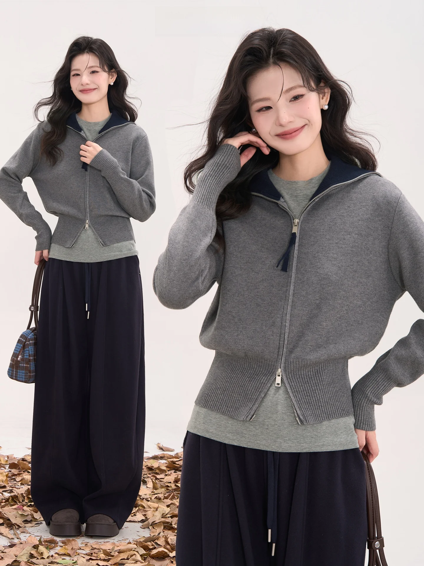 

Heme вязаный кардиган женский свитер с двойным воротником на молнии повседневный теплый повседневный костюм мягкая ткань или свободный крой