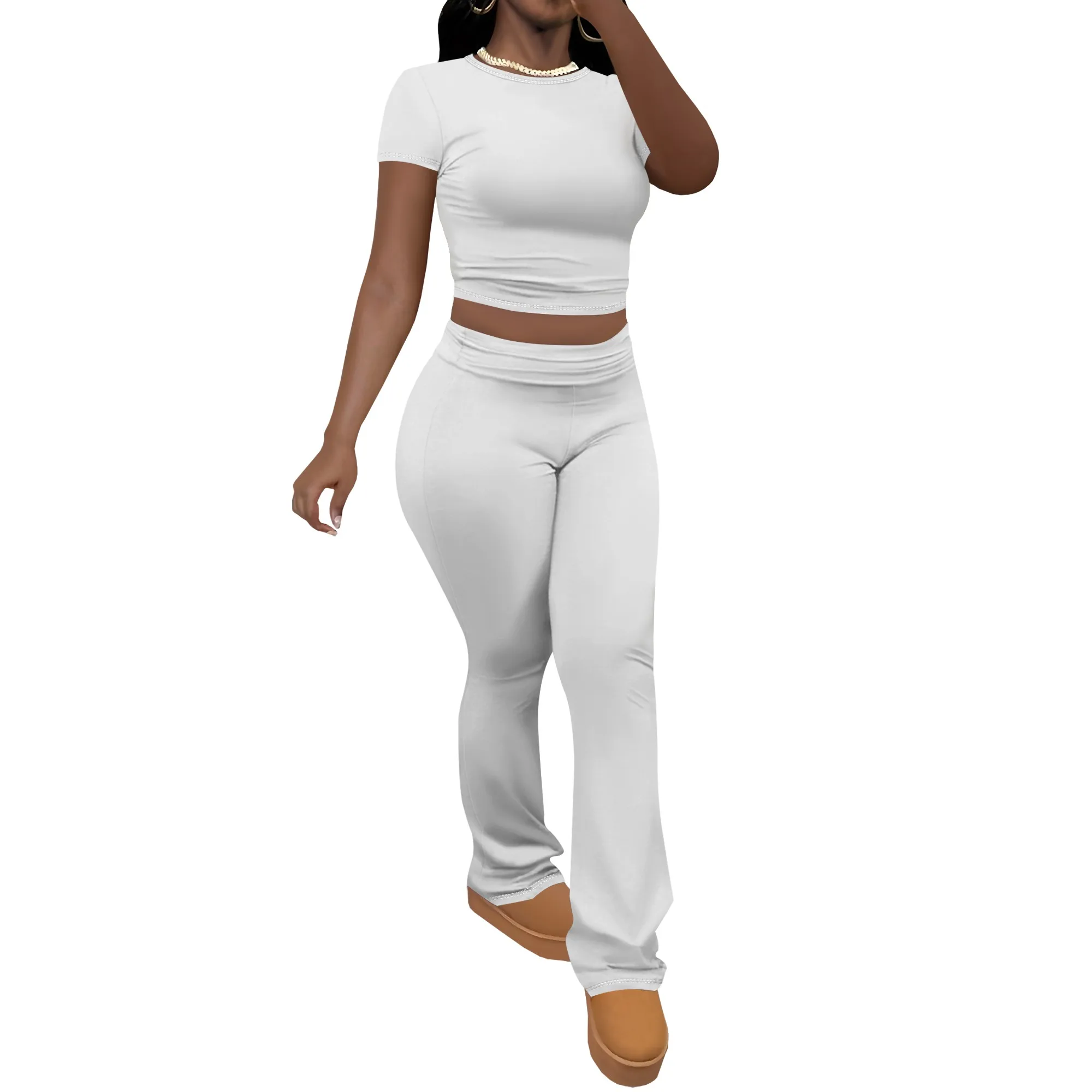 

Summer Sets for Women 2025 Stretchy Short Sleeeve Crop Top and Pants Comfy Athleisure Sets Women 2 Piece