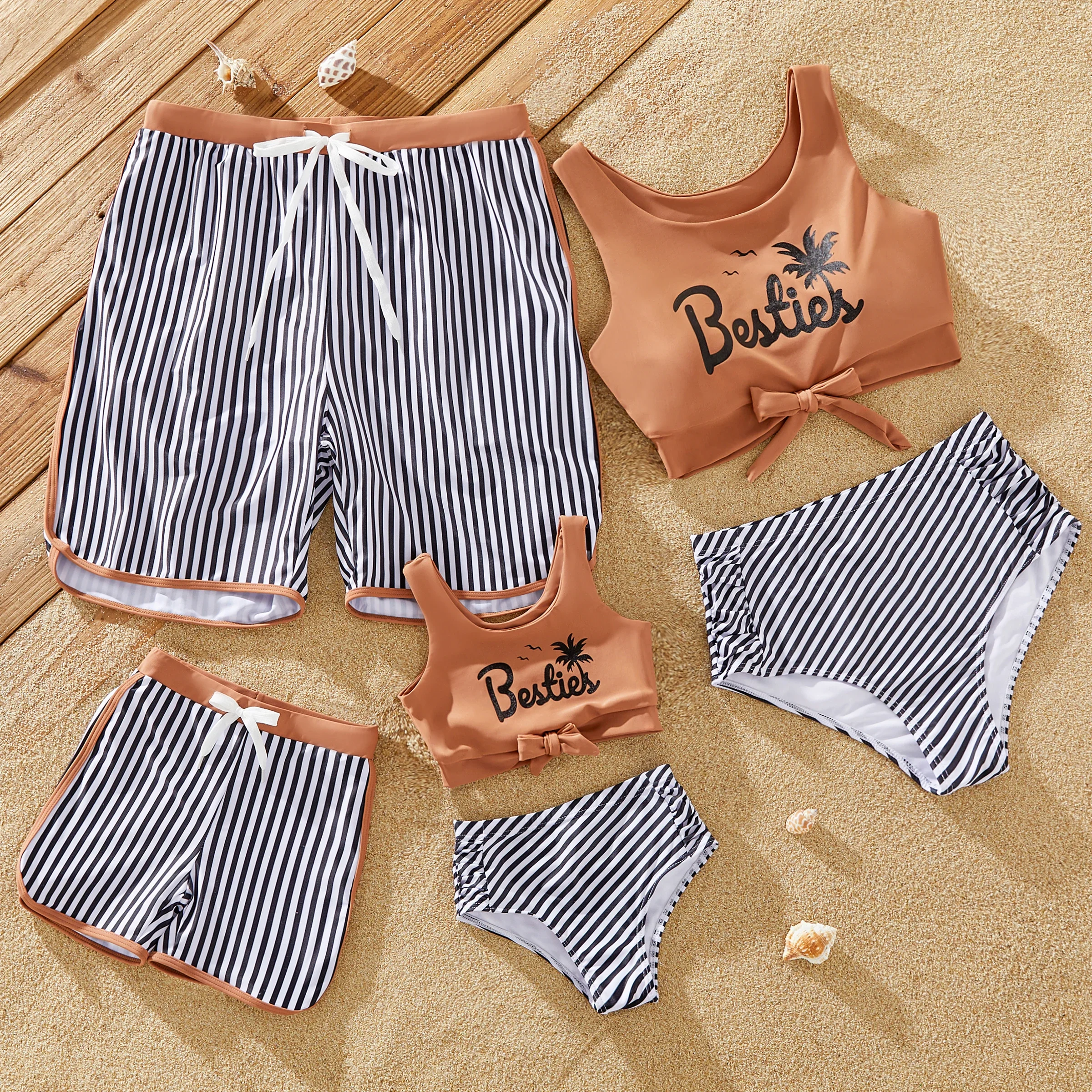 PatPat Family Matching Vertical Stripe Drawstring Swim Drunks or Besties Printed Crop Tank Bikini Suitable for Summer Season