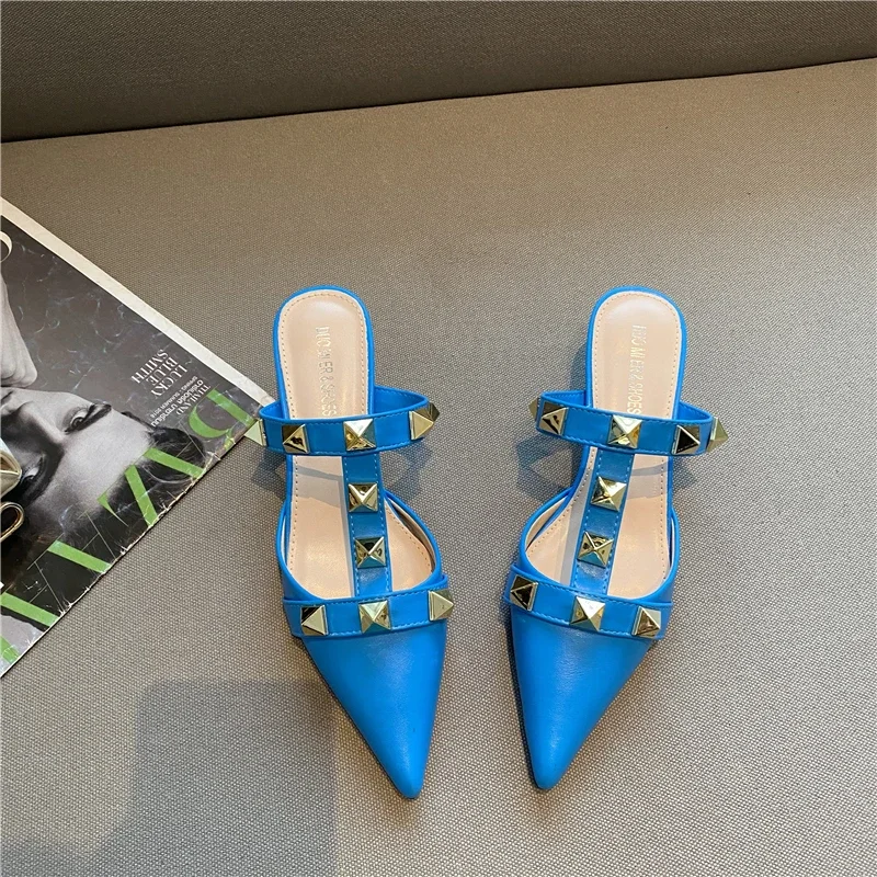 2024 New Rivet Pointed Thin Heel Baotou Half Slipper Female Middle Heel Shallow Mouth Lazy Mueller Shoes