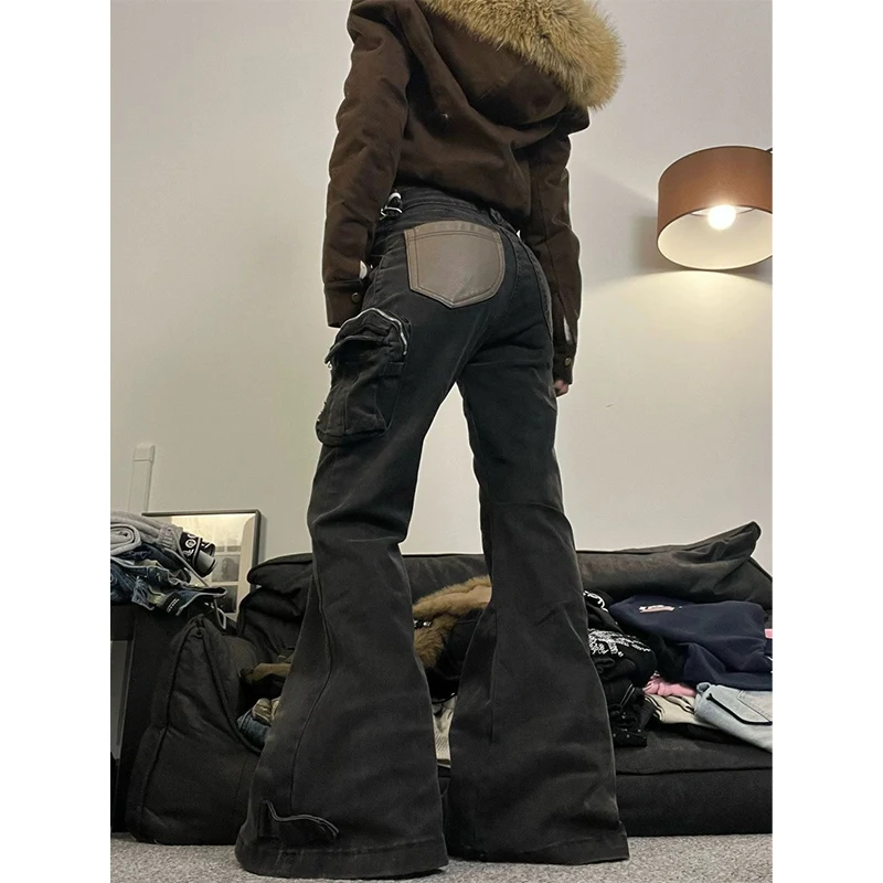 Y2k Women's Baggy Flare Jeans Harajuku Japanese 2000s Style Patchwork Denim Trouser Vintage Oversize Cargo Jeans Pants Clothes