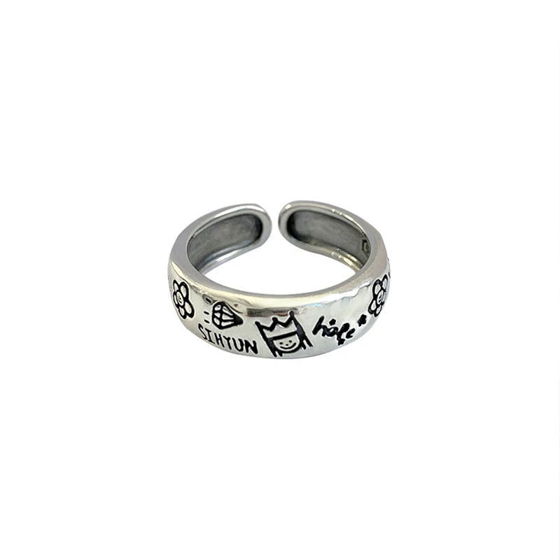 Foxanry Vintage Punk Graffiti Cartoon Ring for Women Korean Fashion Creative Design Geometric Handmade Birthday Party Jewelry