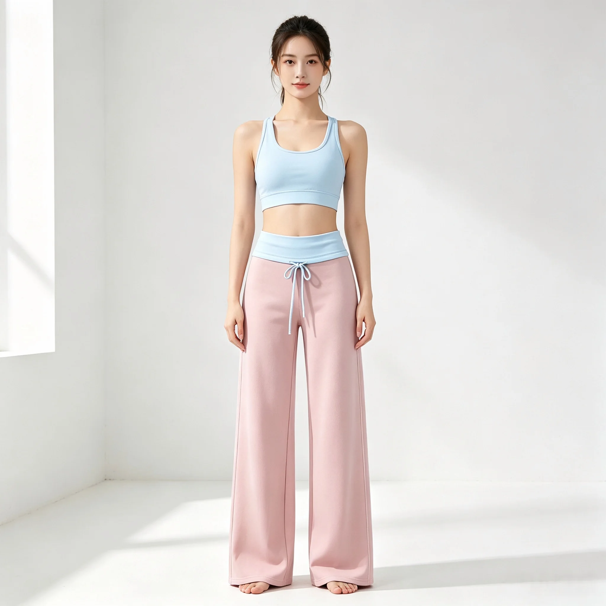 Damen-Freizeit-Sweatpants mit weitem Bein, umlegbarem Bund, ausgestelltem Schnitt, Yoga-Lounge-Hose, Pilates, Outdoor-Sport, Training, genähte Leggings – Detail 10