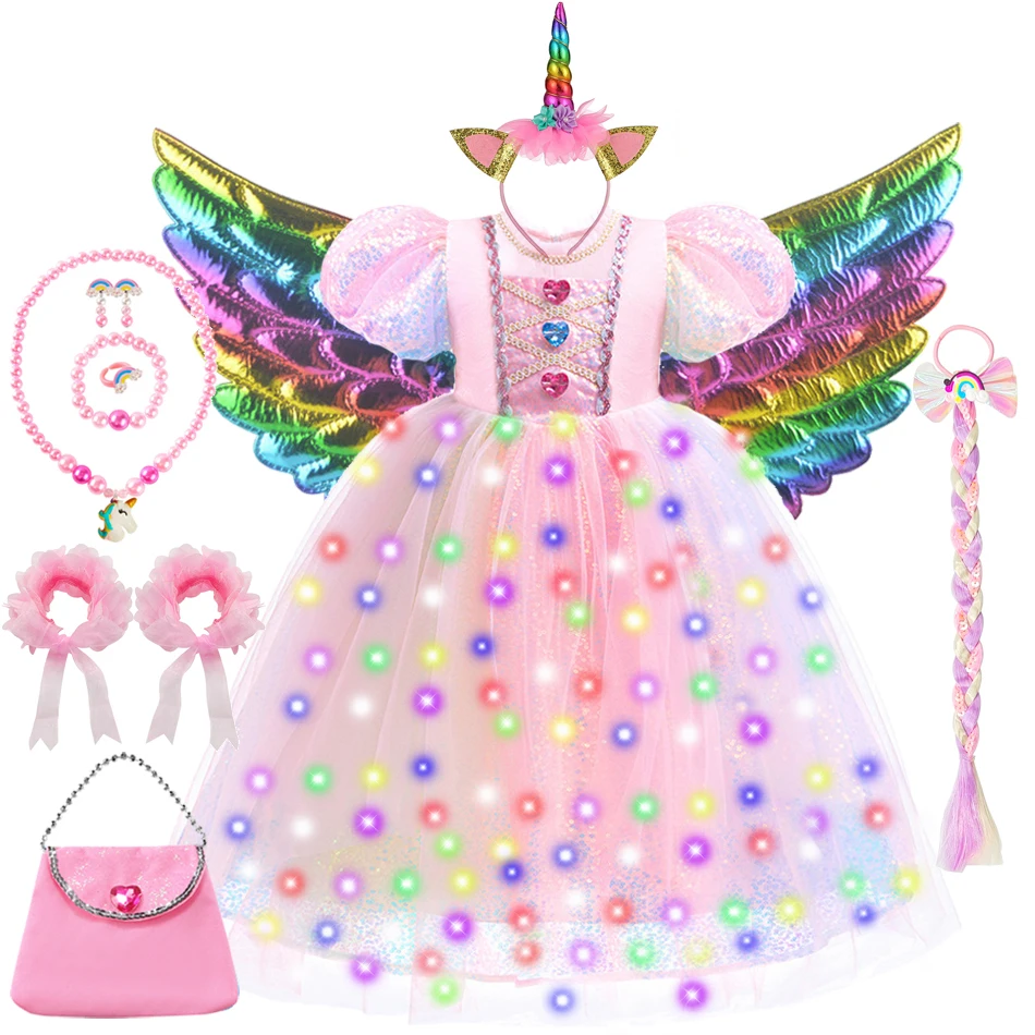 Girls Unicorn Dress Kids Colorful Tulle Sequin Princess Costume Halloween Fantasy Cosplay Outfit Children Birthday Surprise Gift