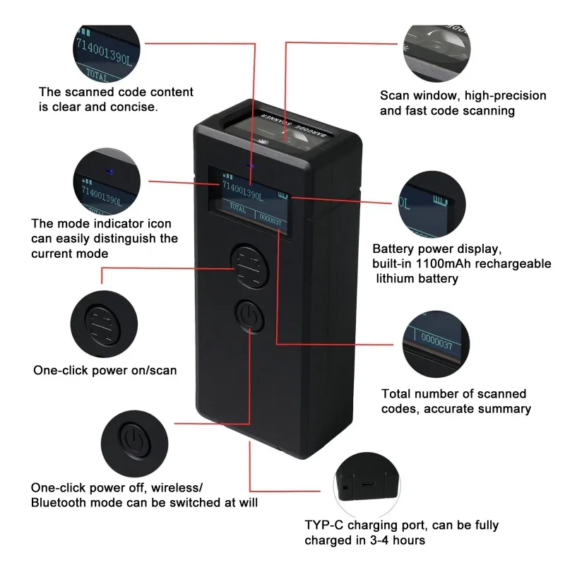Portable Barcode Scanner Mini Wireless Bluetooth 1D 2D QR Code Data Matrix PDF417 Reader w/Storage Function For Retail Store