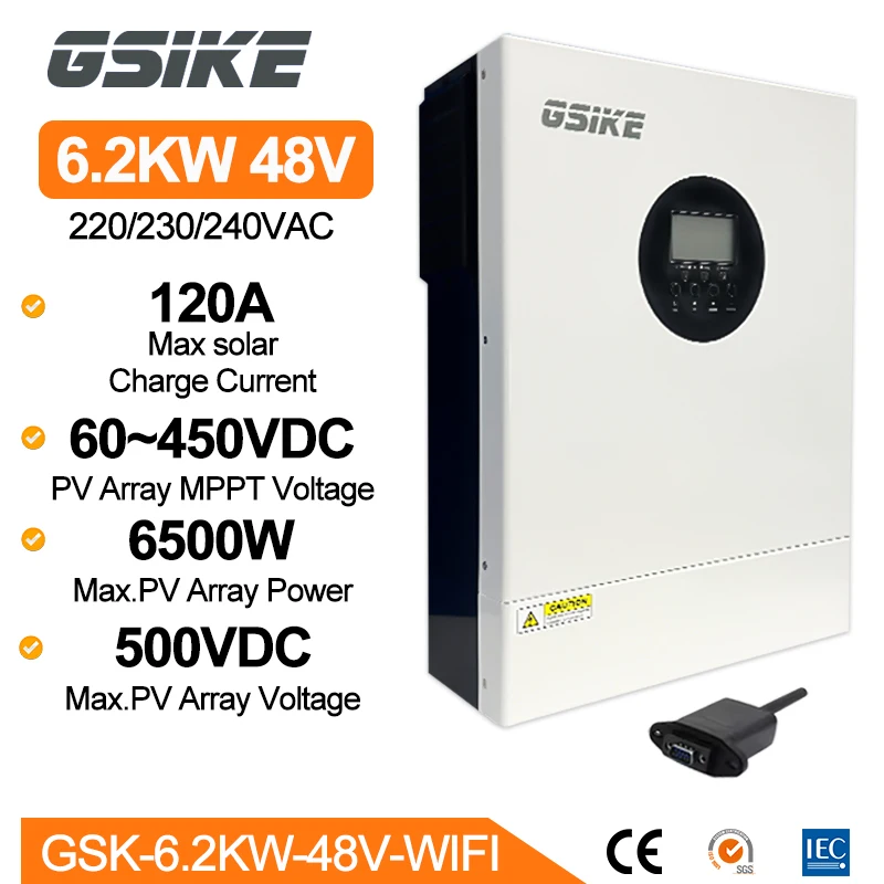 Inverter Ibrido GSIKE 6.2KW 48V, Inverter Solare Bifase 110V, 2 MPPT, Inverter Bifase 220A, Caricatore Solare con Controller WiFi
