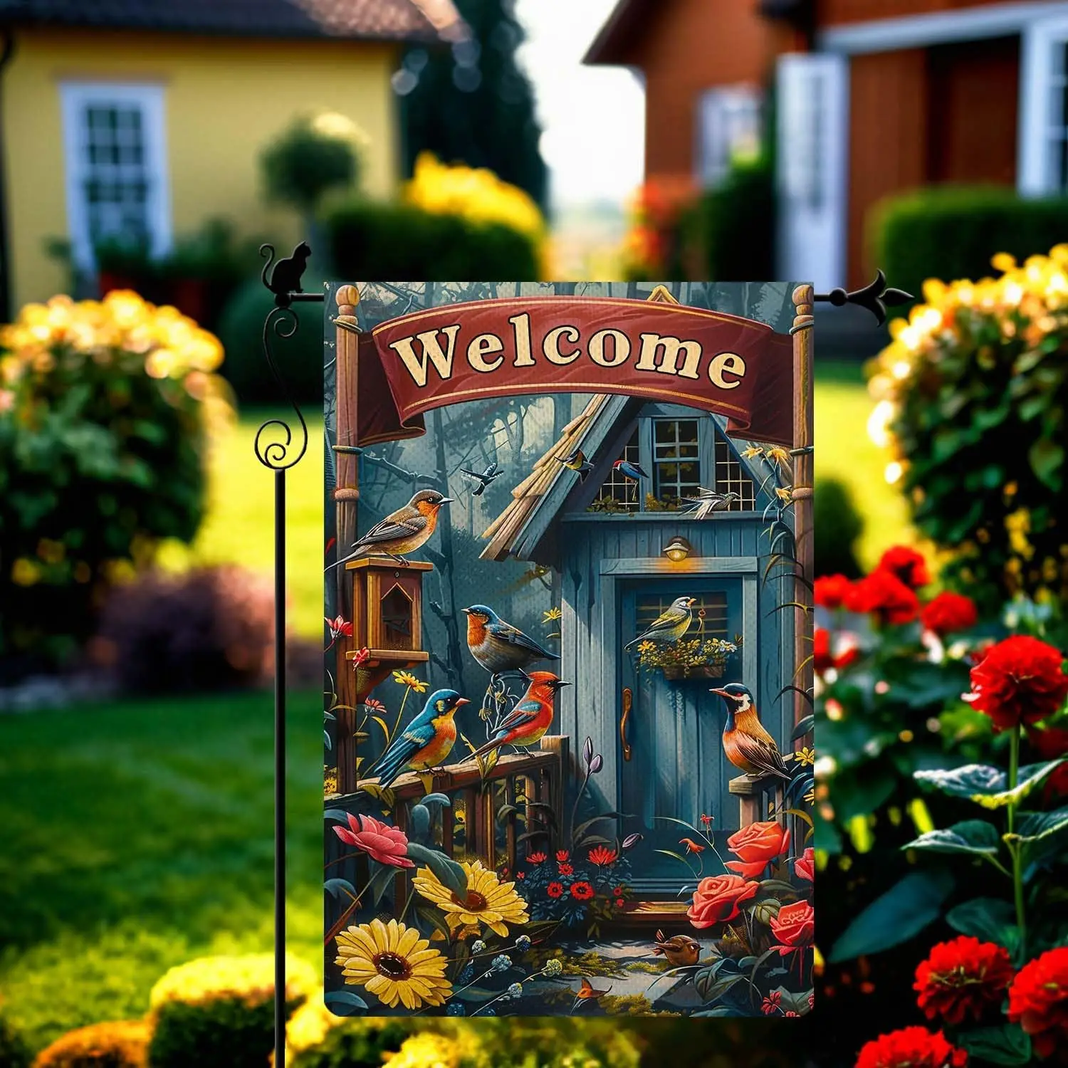Gormcore Welcome Spring Summer Garden Flag Colorful Garden Scene with Bluebirds and Goldfinches Perched Among Flowers Double uui