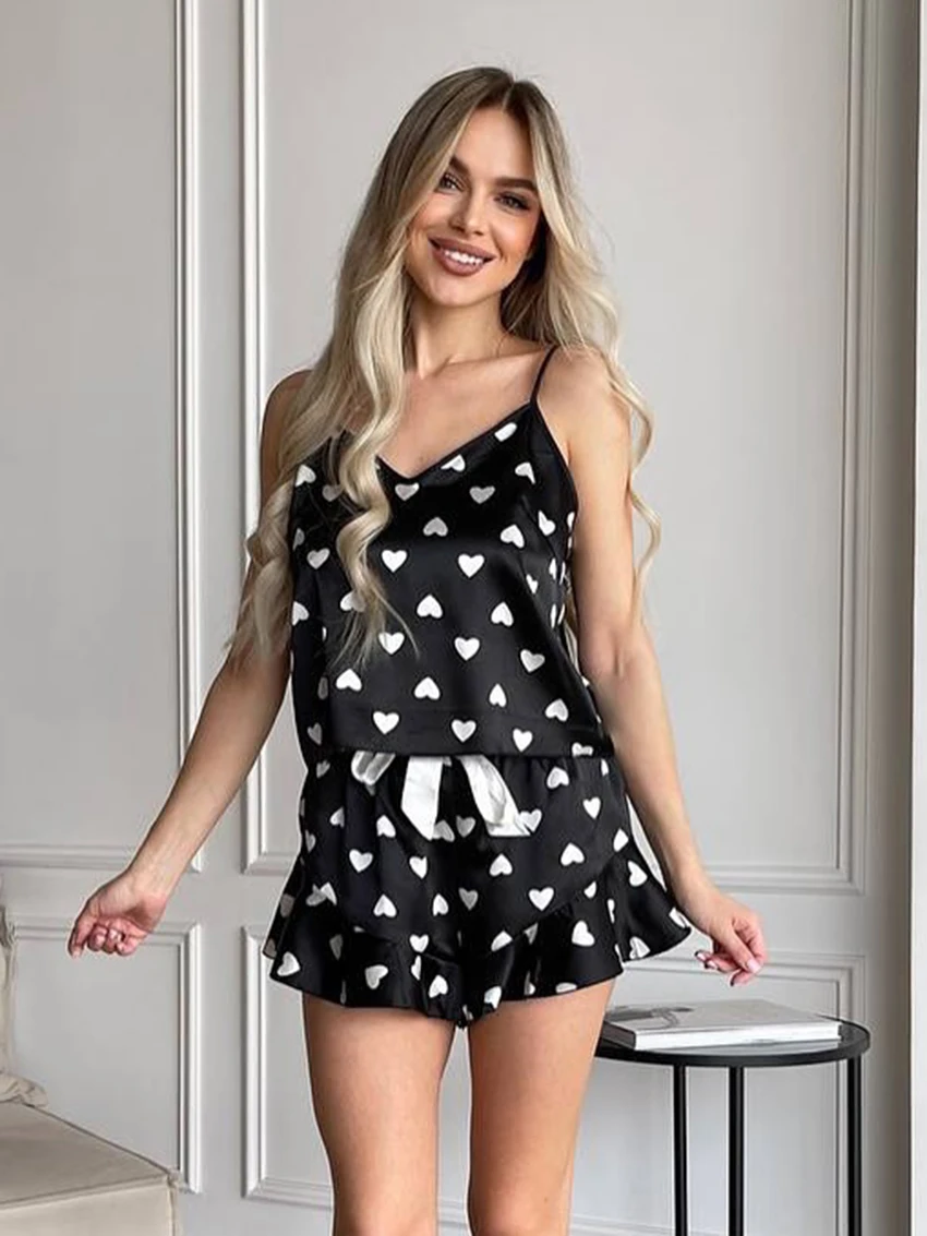 Marthaqiqi Printing Ladies Sleepwear Suit V-Neck Pajamas Spaghetti Strap Nightwear Tank Top Nightgowns Shorts Casual Nightie Set