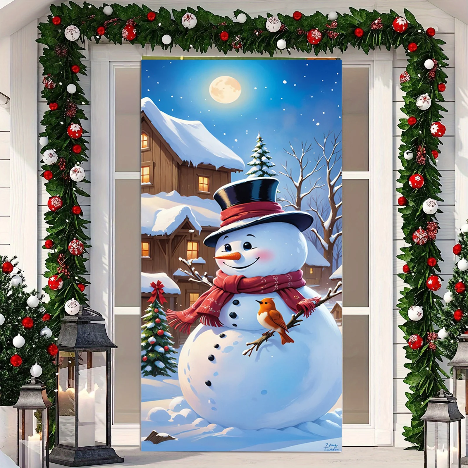 1-piece stretchable polyester - super elastic door cover banner, festive Christmas snowman design, easy to install and clean
