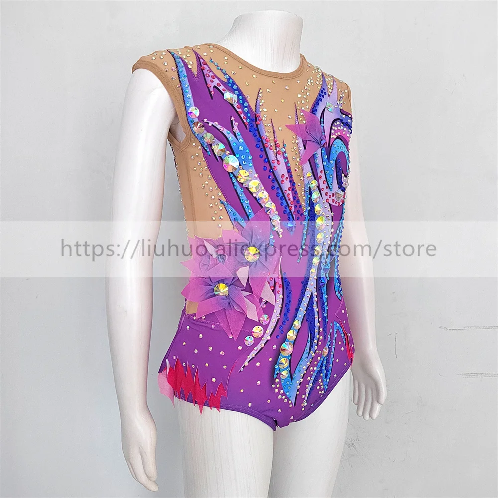 

LIUHUO Customize Women Girl Costume Performance Rhythmic Gymnastics Children Competition Ice Skating Dress Purple Sleeveless Kid