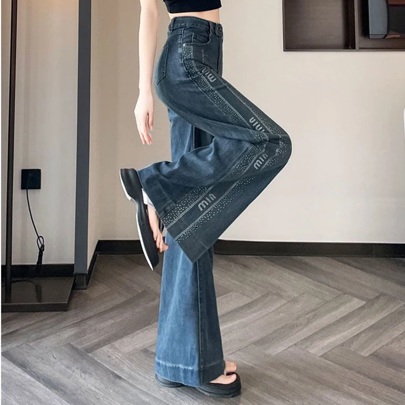 Luxury Crystal Rhinestone Letter Wide Leg Jeans Women High Waist Double Button Loose Flared Vintage Denim Trousers