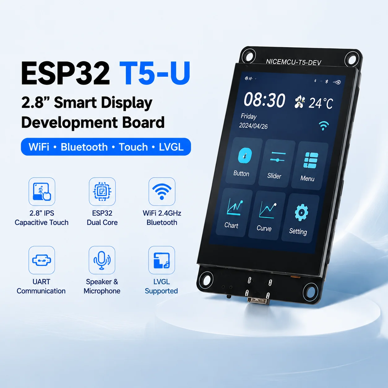 2.8-inch Development Board Capacitive Touchscreen with Gyroscope T&H Sensor WIFI & BLE Module + Microphone Speaker For Tuya AI